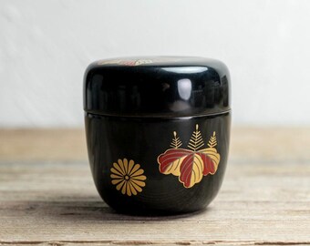Vintage Gold Maki-e Flower Natsume Tea Caddy | Traditional Kiri & Chrysanthemum Motif | Japanese Lacquerware | Taisho-Showa Era