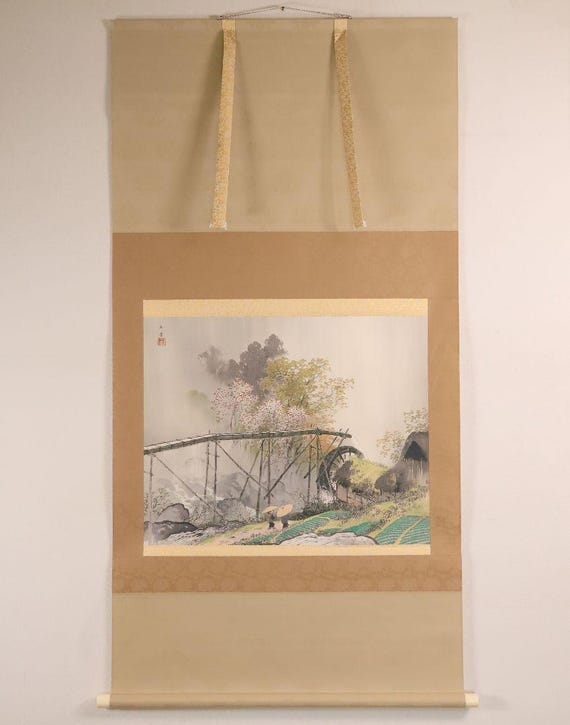 川合玉堂作「岳水春雨」日本美術掛軸、限定13/480、絹本刷り、箱付