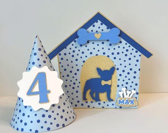 Custom Dog Birthday Cake Topper and Party Hat in Blue Polka Dots, Great for Gotcha Day Fun, Pet Adoptions and Puppy's First Birthday