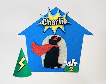 Custom Super Dog Birthday Cake Topper and Party Hat, Awesome for the Bravest Pup's Gotcha Day, Pet Adoption, or Barkday Celebration