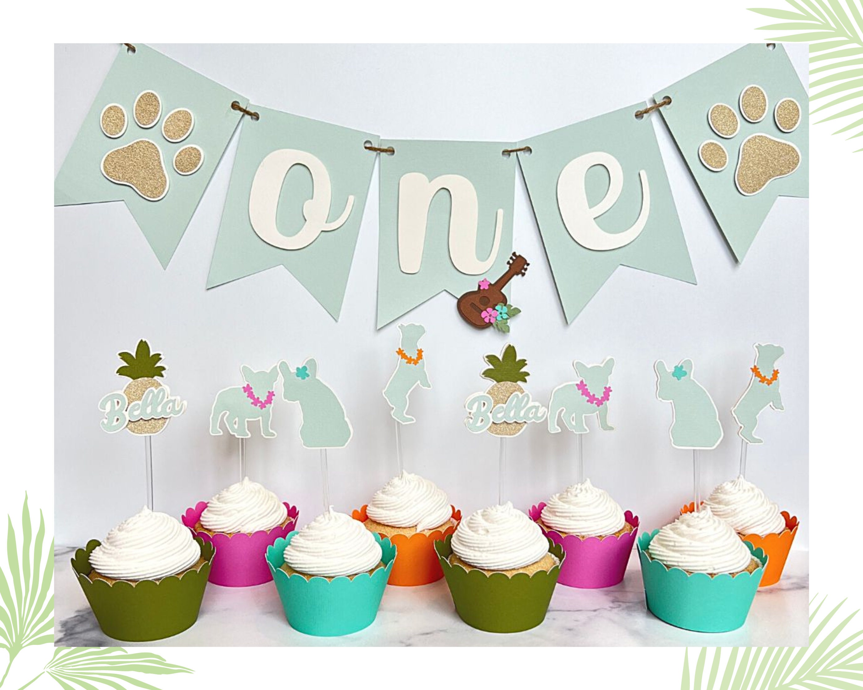 Luau Theme Dog Birthday Tropical Barkday Box With Cupcake Toppers Cupcake Wrappers Birthday Banner and Matching Party Hat