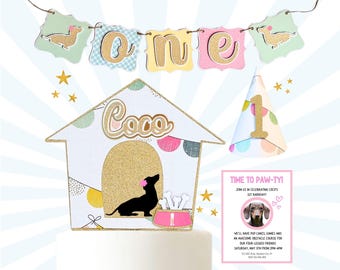 Pastel Barkday Box, Custom Dog Birthday Cake Topper, Party Hat, and Birthday Banner, Perfect for Pet Adoptions and Gotcha Days Too