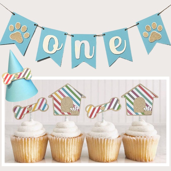 Rainbow Doghouse and Bone Cupcake Toppers, Birthday Banner, and Matching Party Hat for your Dog's Birthday, Cute Themed Barkday Box