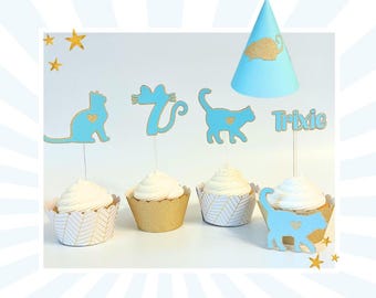 Custom Cat Cupcake Toppers and Party Hat, Perfect for Kitten's First Birthday, and Meowday Celebration, Makes a Great Cat Mom Gift Too