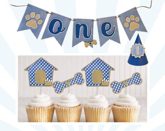 Custom Dog Birthday Party, Personalized Cupcake Toppers, Party Hat, and Birthday Banner in Blue and White, Great for Gotcha Day Party