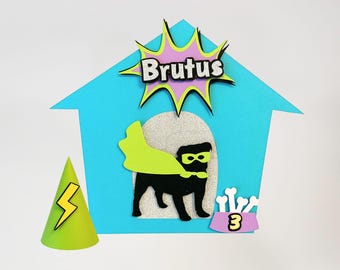 Custom Super Dog Birthday Cake Topper and Party Hat, Great for the Bravest Pup's Gotcha Day, Pet Adoption, or Barkday Celebration