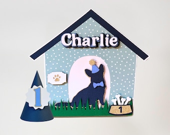Custom Dog Birthday Cake Topper and Party Hat in Blue and White Polka Dots, Great for Gotcha Days, Pet Adoptions and Puppy’s First Birthday