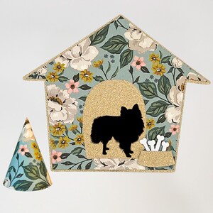 Custom Dog Birthday Cake Topper and Party Hat, Classic Doghouse Design in a Cute Floral Pattern, Great for Pet Adoption Parties, Gotcha Days