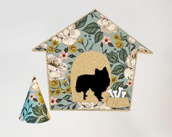 Custom Dog Birthday Cake Topper and Party Hat, Classic Doghouse Design in a Cute Floral Pattern, Great for Pet Adoption Parties, Gotcha Days