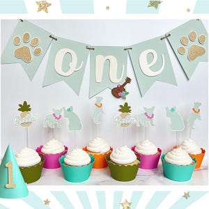 Custom Tropical Dog Birthday Party, Great for Pet Adoptions & Gotcha Days Too, Includes Cupcake Toppers, a Party Hat, and a Birthday Banner