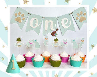 Custom Tropical Dog Birthday Party, Great for Pet Adoptions & Gotcha Days Too, Includes Cupcake Toppers, a Party Hat, and a Birthday Banner