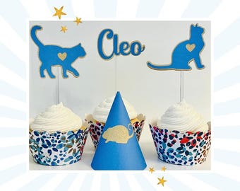 Custom Cat Cupcake Toppers and Party Hat, Perfect for Kitten's First Birthday, and Meowday Celebration, Makes a Great Cat Mom Gift Too