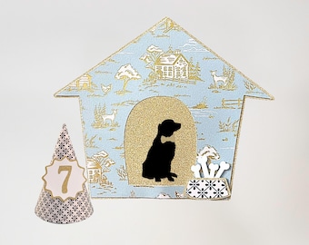 Personalized Dog Birthday Cake Topper and Party Hat in Blue Toile, Great for Gotcha Day Celebrations, Pet Adoptions, and Barkday Parties