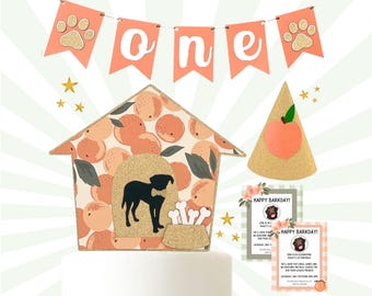 Custom Peach-themed Dog Birthday Party, Perfect for a Unique Barkday Party, Includes a Cake Topper, Party Hat, and Birthday Banner