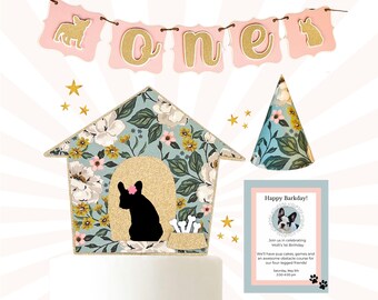 Custom Floral Dog Birthday Party, Personalized Cake Topper, Party Hat, and Birthday Banner, Perfect for a Barkday Party or Gotcha Day Fun