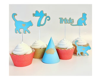 Custom Cat Cupcake Toppers and Party Hat, Perfect for Cat's First Birthday, & Kitten Meowday Celebration, Makes a Great Cat Lover's Gift Too