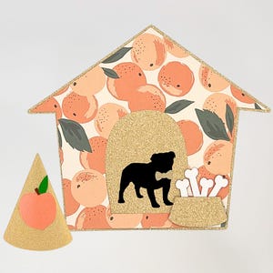 Custom Dog Birthday Cake Topper and Party Hat, Classic Doghouse Shape, Peach-themed and Perfect for Gotcha Days, & Adoption Parties Too