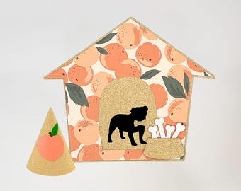Custom Dog Birthday Cake Topper and Party Hat, Classic Doghouse Shape, Peach-themed and Perfect for Gotcha Days, & Adoption Parties Too