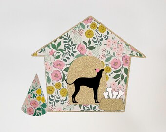 Custom Dog Birthday Cake Topper and Party Hat, Classic Doghouse Shape, Perfect for Gotcha Days, Dog Lovers & Pet Adoption Gifts, Blossom Set