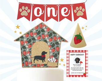 Strawberry Dog Birthday Party Set – Custom Cake Topper, Party Hat & Banner – Sweet Barkday Theme for Puppy Birthday or Gotcha Day