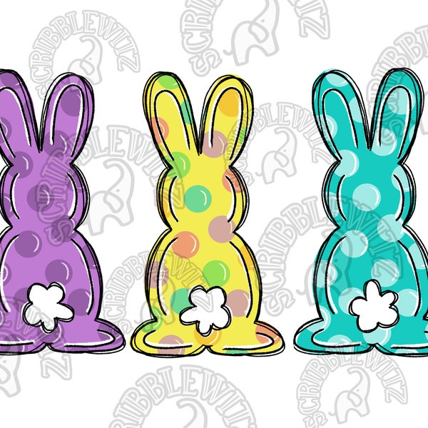 Polka Dot Bunny Butt Sublimation PNG | Easter Bunny Trio | Bunny Back Design | Cute Hand Drawn Rabbits | Digital Download | Printable Art