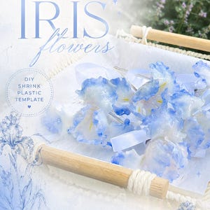 May include: A display of DIY shrink plastic iris flowers in a white basket with wooden handles. The flowers are white with blue edges and are accompanied by white ribbons. Text on the image reads "IRIS flowers" and "CREATE • SHRINK • LOVE".