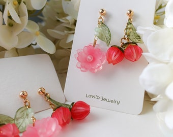 Spring Cherry Earrings, Fruit Earrings, Cherry Drop Earrings, Gift For Her, Unique Earrings