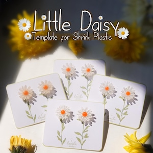 Może przedstawiać: Obraz szablonu do tworzywa termokurczliwego z motywem stokrotki. Projekt przedstawia białe stokrotki z pomarańczowymi środkami na białym tle. Widoczny jest również tekst "Little Daisy" i "Hand Cutting & Cutting Machines".