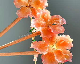 Hair Pin Bauhinia Variegata, Wooden Hairpin, Shrink Plastic, Tropical Themed