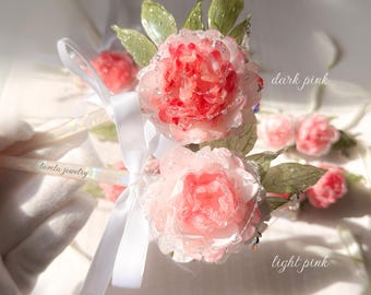 Handmade Peony Hairpin & French Barrette - Fairy Hair Accessory, Floral Romantic Woodland Hair Jewelry