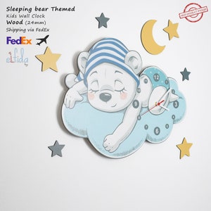 Kids Room Wall Clock, Sleeping Bear Themed (Male) Wall Clock, Baby Room, Children gift, Men Child, Kids Wall Clock, Custom cut wall clock