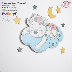 Kids Room Wall Clock, Sleeping Bear Themed (Girl) Wall Clock, Baby Room, Children gift, Men Child, Kids Wall Clock, Custom cut wall clock