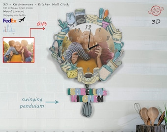 3D Pendulum Kitchen Wall Clock, Wood, Kitchenware Theme, Personalized Photo Option