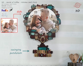 3D Pendulum Kitchen Wall Clock, Wood, coffee Theme, Personalized Photo Option