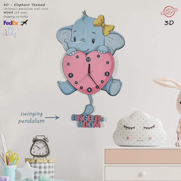 Kinderzimmer Wanduhr, Pendel Niedliche Elefant und Herz Wanduhr, Babyzimmer, Kinder Geschenk, Mädchen - Junge Kind