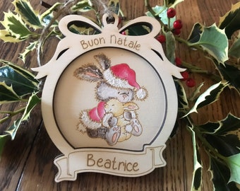 Boule de Noël en bois peinte à la main thème "Lapin"