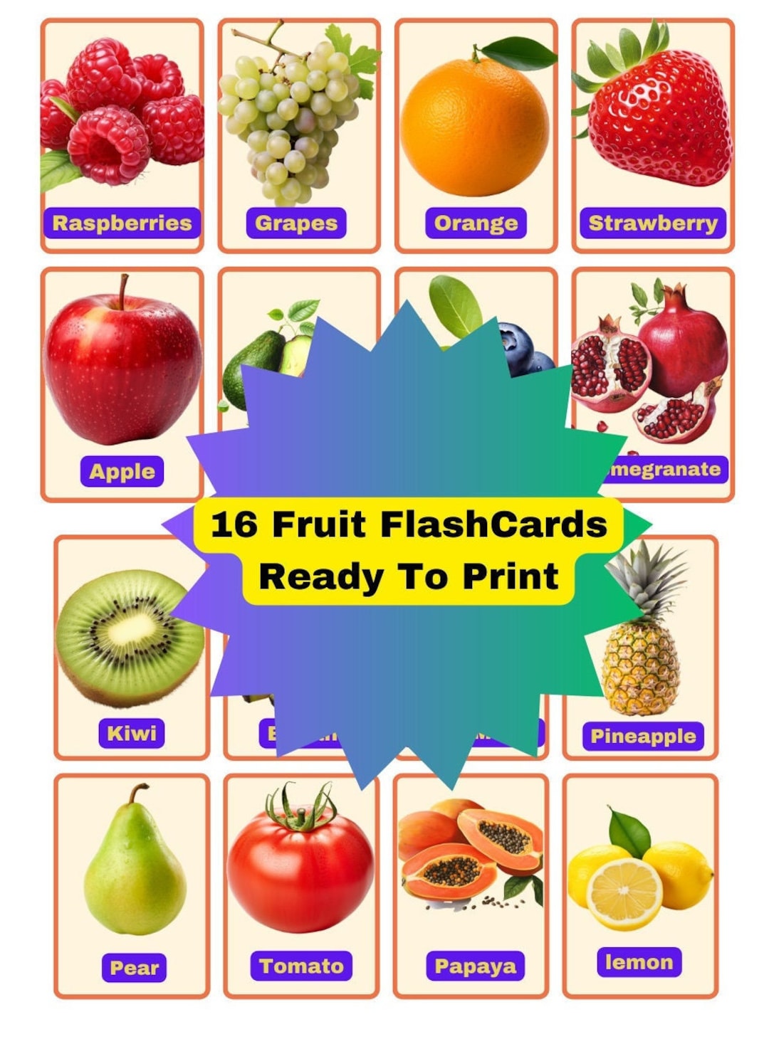 8 Fruit Flash Cards Pdf Printable Cards for Kids Free Etsy