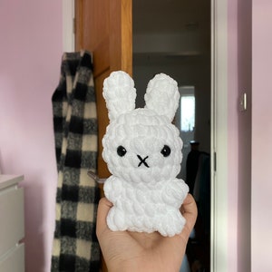 May include: A white, handmade crochet bunny with black eyes and a black 'X' for a mouth. The bunny has long ears and a fluffy texture. The plush toy is held in front of a door and a black and white scarf.
