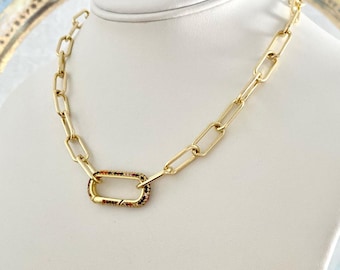 Collar de cadena con clip y mosquetón: pieza llamativa y colorida con mosquetón