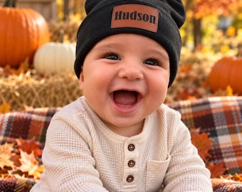 Personalized Baby Beanie with Name Patch, Black Knit Baby Hat, Custom Toddler Beanie, Baby winter beanie