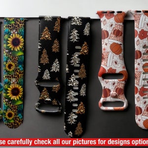May include: Eight different watch band designs with various patterns, including sunflowers, trees, and pumpkins. The bands are made of silicone and are compatible with Apple Watch.