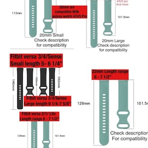 May include: Diagram showing different sizes of watch bands for Fitbit Versa 3/4/Sense and Fitbit Versa 2/1/Lite. The bands are shown in green and black. The diagram includes measurements in inches. The text on the diagram reads: "20mm Small Length Range 5-7", "20mm Band Large Length Range 5 1/4"-8", "Fitbit versa 3/4/Sense Small length 5-6 1/4", "Fitbit versa 3/4/Sense Large length 6 1/4-7 5/8", "Fitbit versa 2/1/Lite Length range 6-7 1/2", "20mm are compatible With galaxy watch 4/5/5 Pro", "20mm Small Check description for compatibility", "20mm Large Check description for compatibility", "22mm Length range 6-7 1/2", "Check description For compatibility".