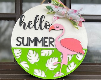 Plaque de porte d'entrée d'été Plaque de porte d'entrée Flamingo Nouvelle plaque de porte d'entrée Plaque en bois Plaque 3D Cadeau de décoration d'intérieur Cadeau de pendaison de crémaillère Décoration flamant rose