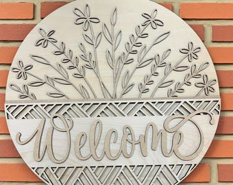 DIY Holz Willkommensschild | Türschild Rohling | Laser-Cut Blumenmuster | Unfertiges Bastelset | Veranda Home Decor