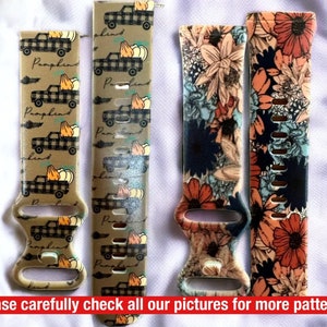 May include: Four different patterned watch straps. The straps are made of silicone and feature a variety of colours and designs. The designs include a floral pattern, a pumpkin and truck pattern, and a plaid pattern.