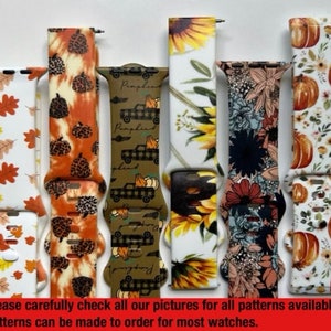 May include: Assortment of colourful watch bands with various patterns, including autumn leaves, pumpkins, sunflowers, and floral designs. The text "Pampkin" is visible on one of the bands.