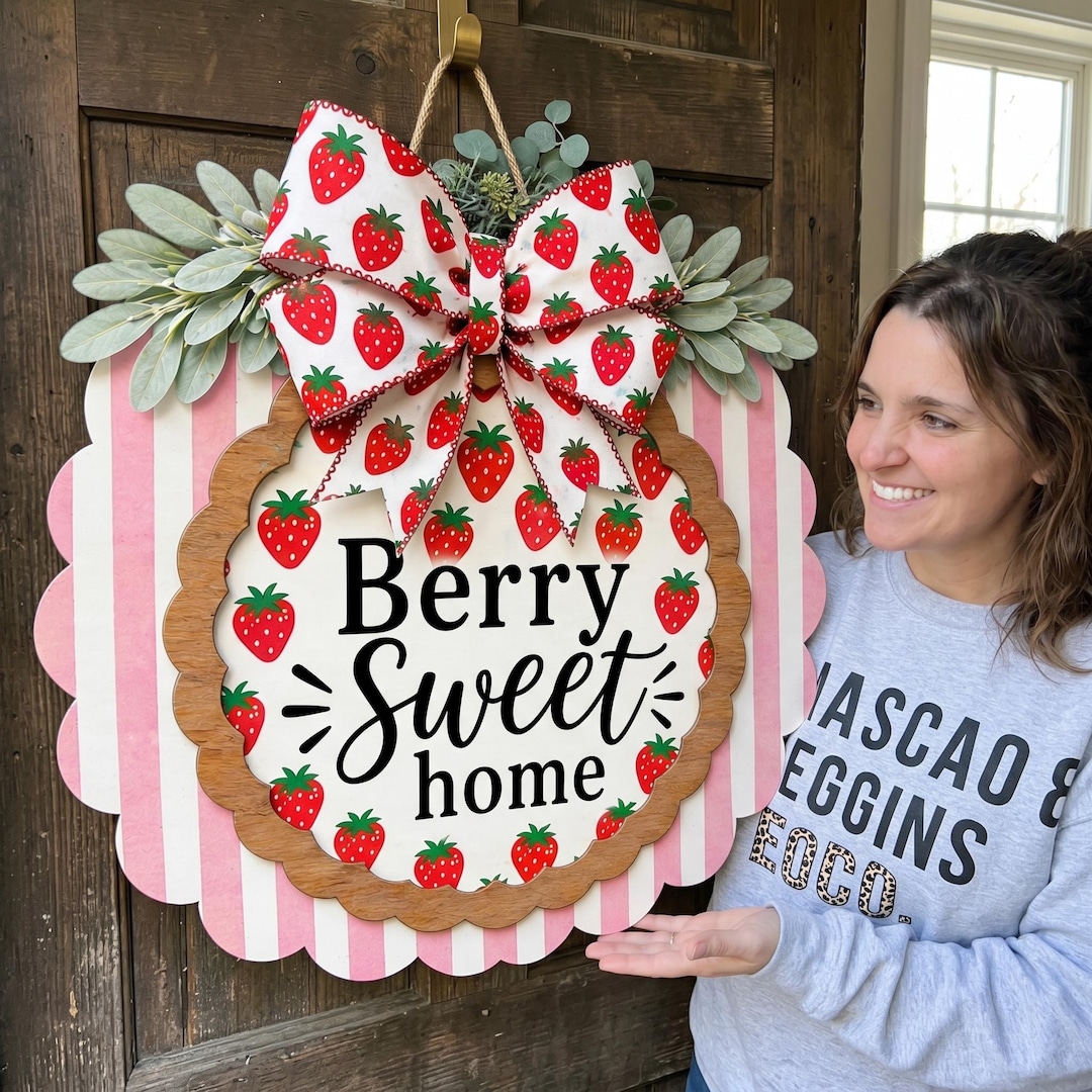 Summer Front Door Sign With Bow|strawberry Door Hanger| Home Sweet Home ...