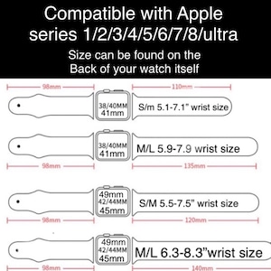 May include: Diagram showing compatible Apple Watch series sizes with corresponding wrist sizes. The sizes are 38/40mm, 41mm, 42/44mm, and 45mm. The wrist sizes are 5.1-7.1 inches, 5.9-7.9 inches, 5.5-7.5 inches, and 6.3-8.3 inches.