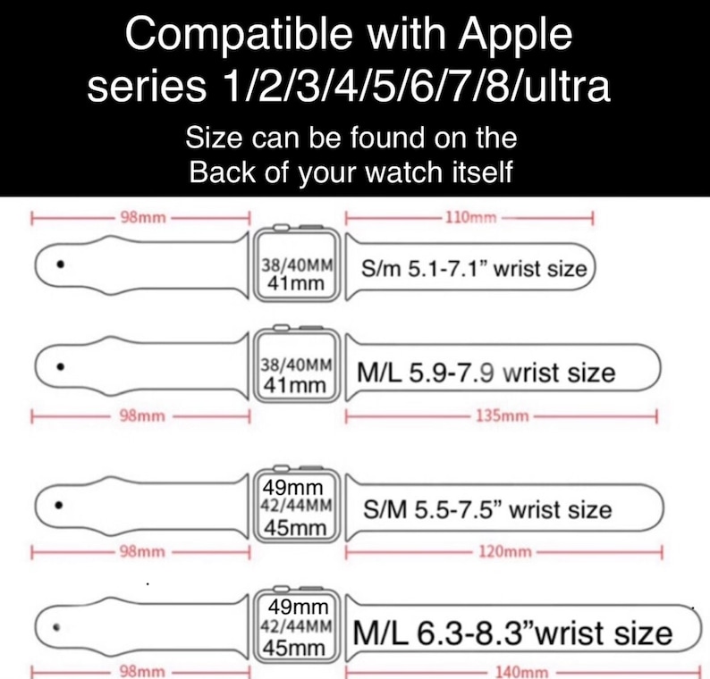 May include: Diagram showing compatible Apple Watch series sizes with corresponding wrist sizes. The sizes are 38/40mm, 41mm, 42/44mm, and 45mm. The wrist sizes are 5.1-7.1 inches, 5.9-7.9 inches, 5.5-7.5 inches, and 6.3-8.3 inches.