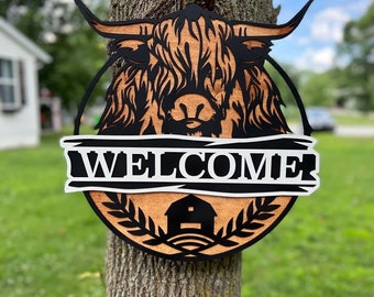 Highland cow door sign|Cow welcome sign|Cow door sign|Farmhouse welcome sign|Welcome sign|Cow decor|Cow front door sign|Cow welcome sign|Cow